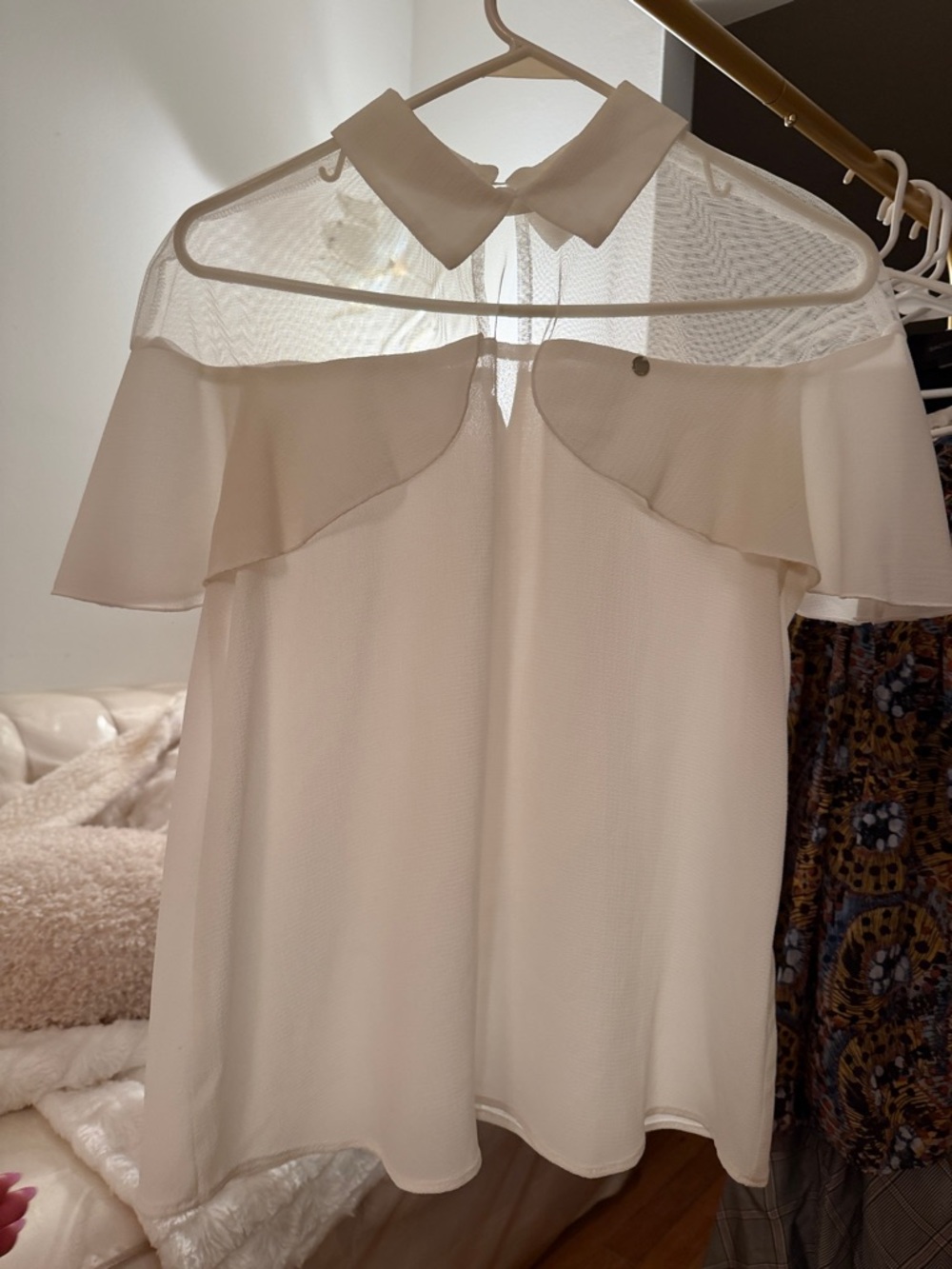 Rinascimento Cream Sheer Yoke Ruffle Blouse